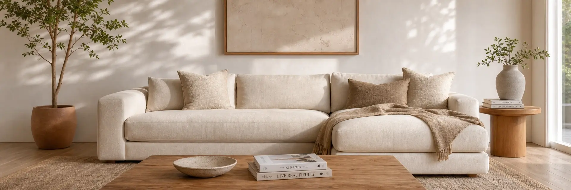 Bright modern living room with curated home furnishings and warm neutral tones